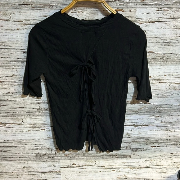Oak + Fort black tie up black short sleeve top size large - Picture 1 of 6